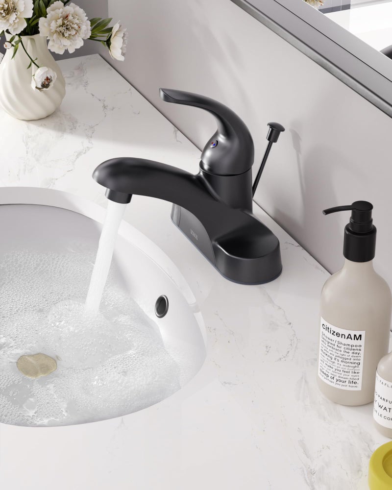 WOWOW Black Bathroom Faucet One Handle 4 inch Centerset Bathroom Faucets with Lift Rod Drain Assembly Sink Faucet Lavatory Faucet Matte Black Bathroom Faucets - Image 3